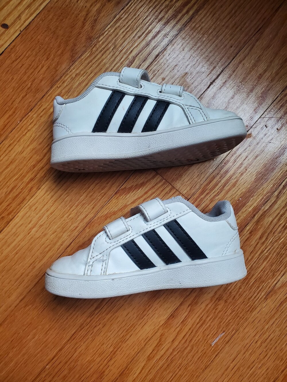 Adidas Baby Size 6.5K Classic White Sneakers with Black Stripes